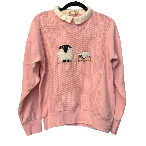 Vintage Pink Sheep Embroidered Collared Sweater Sweatshirt - Picture 1 of 6